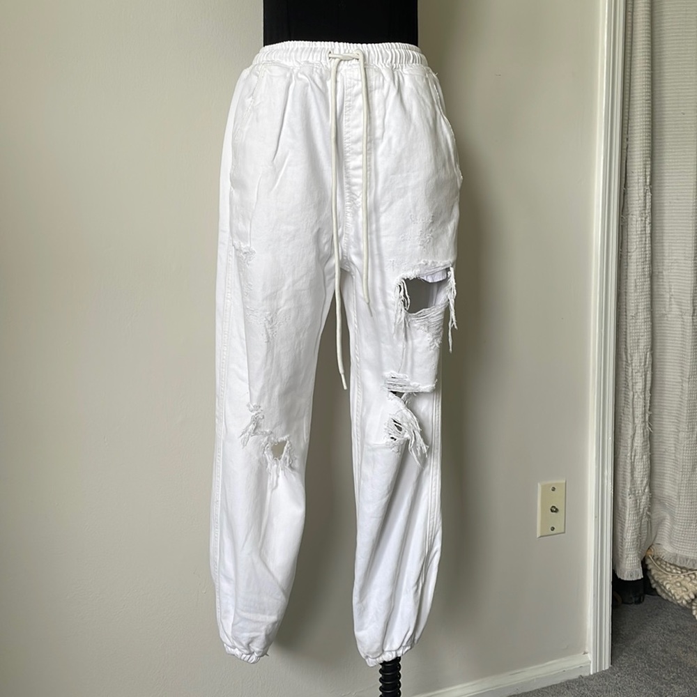 Free People, White, Ripped, Jean Joggers - Adjustable Waist - Size X-Small - New